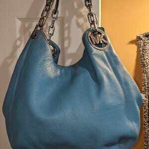 MICHAEL KORS FULTON SHOULDER HANDBAG ROYAL BLUE LEATHER SILVER HARDWARE